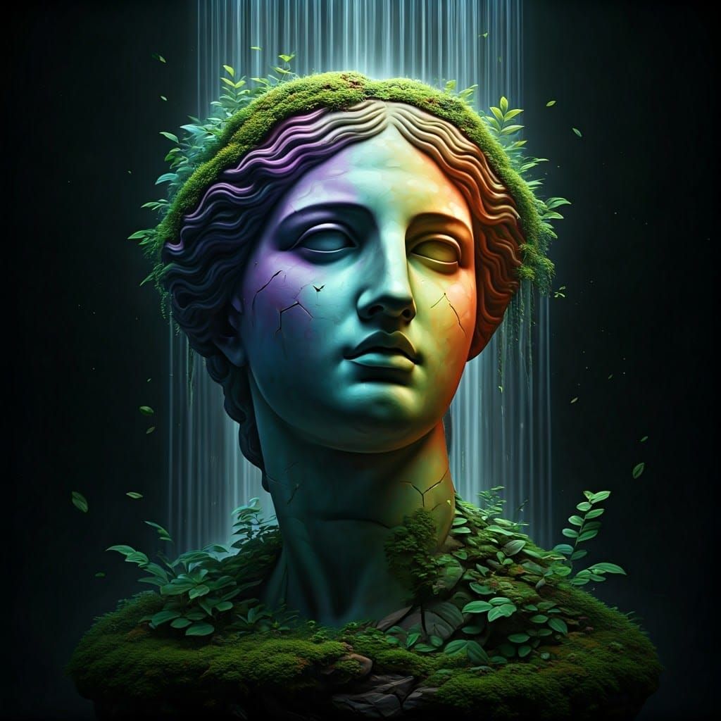 Rainbow Greek Statue Head Overgrown with Nature