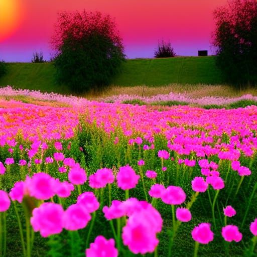 Glowing Pink Flowers Bloom in Monochrome Town