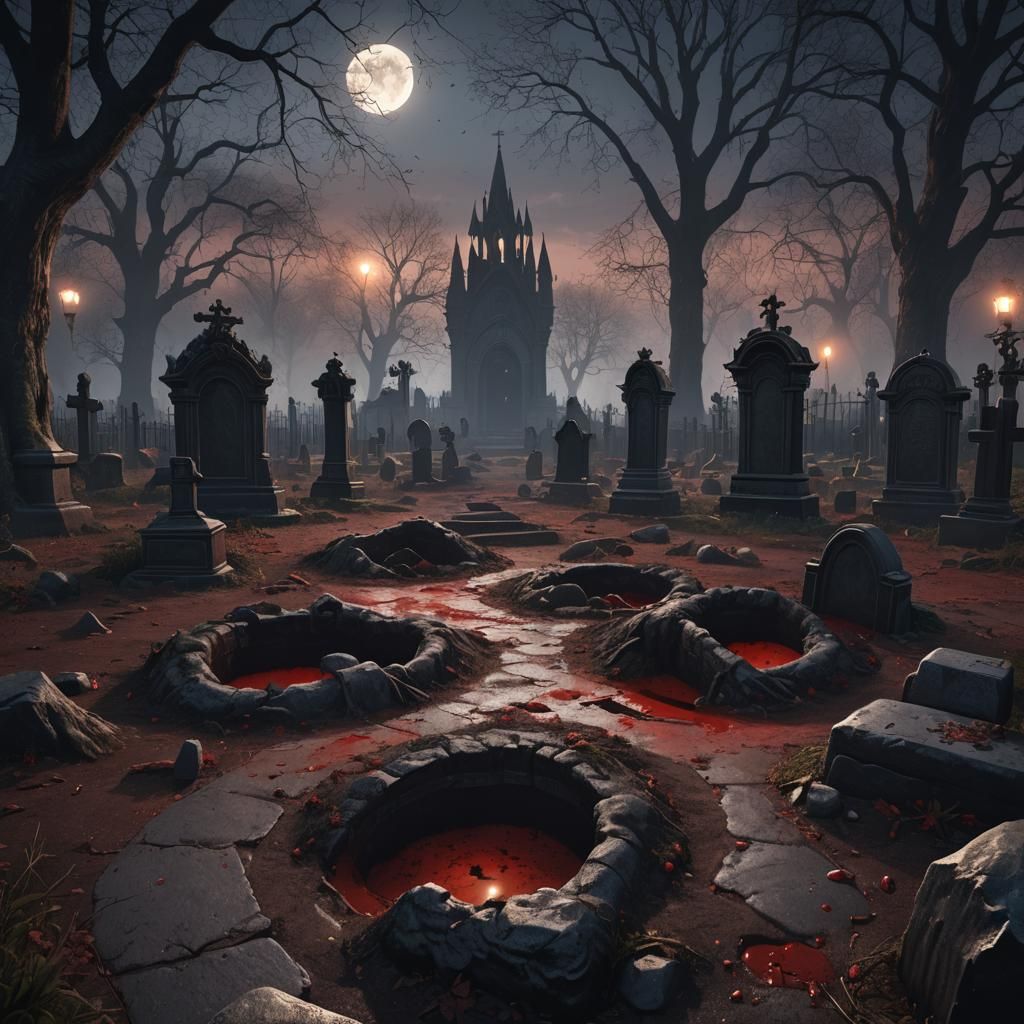 Eerie Graves in Park at Night, Detailed Matte Painting