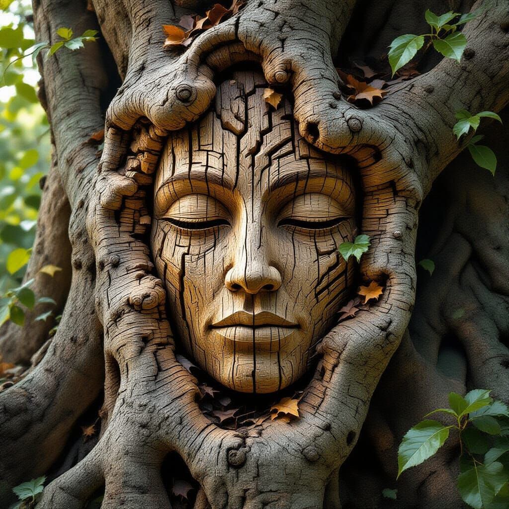 Intricate Wooden Face Carved in Ancient Tree