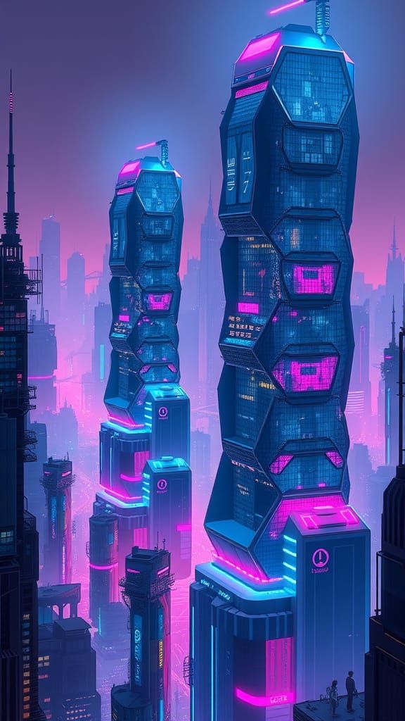 Cyberpunk Honeycomb Skyscrapers Shine Bright in Dark Metropo...