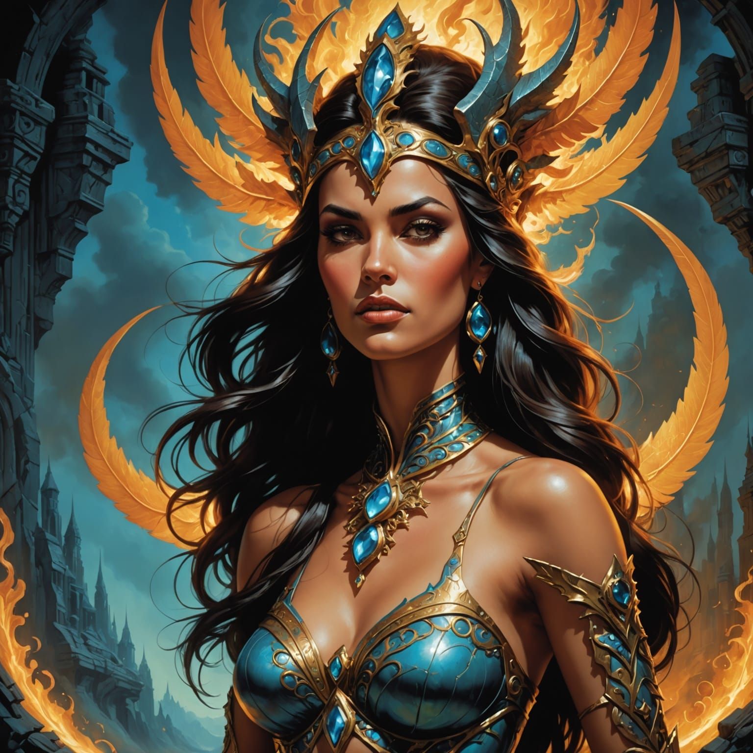 Dual-Natured Woman Adorned with Elemental Details