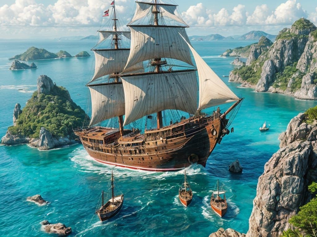 Majestic Sailing Ship in Turquoise Waters: CGI Scene