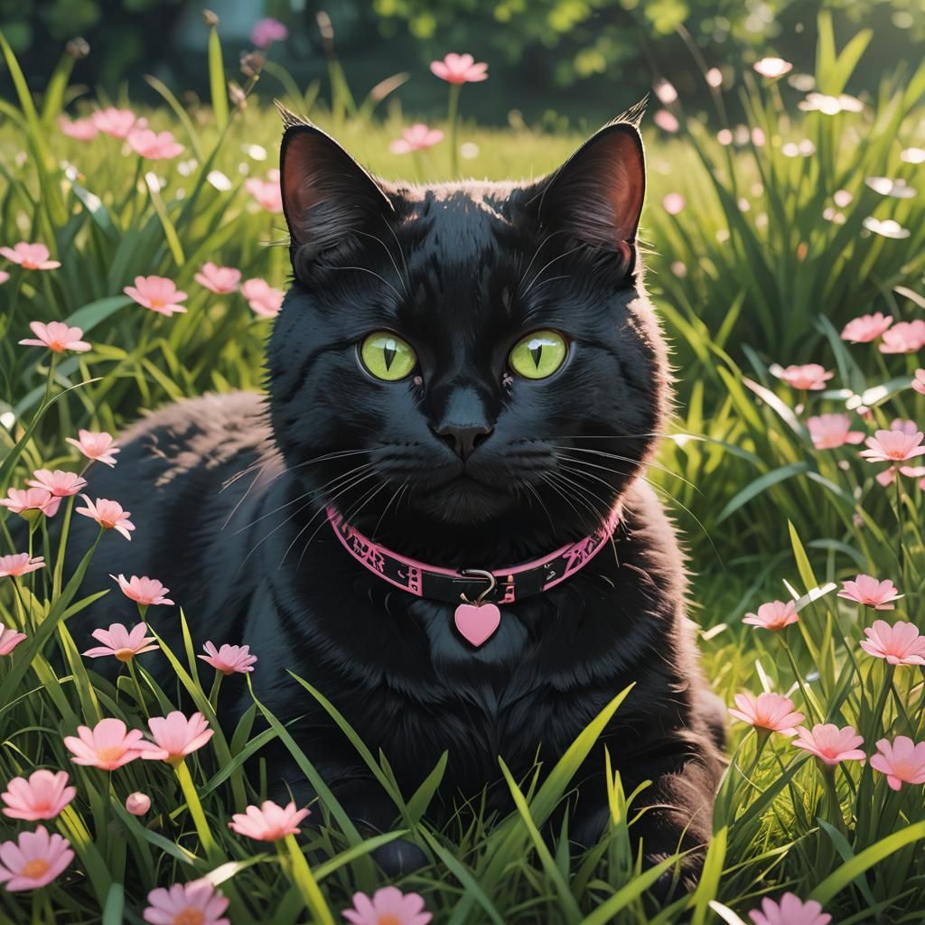 Cuddly Black Cat in Grassy Bed: 3D Anime Concept