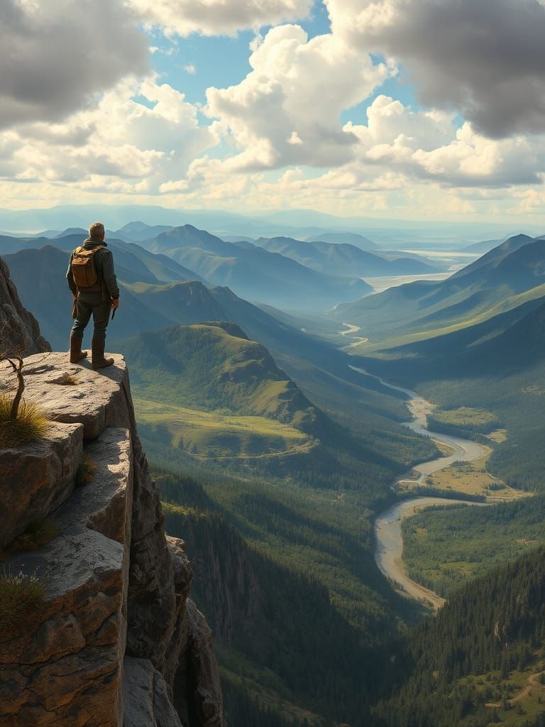Man Contemplates Breathtaking Valley Landscape in Dramatic S...