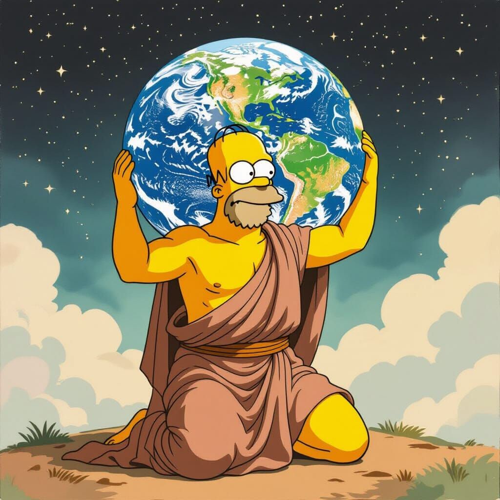 Homer Simpson as Atlas in Watercolor Style