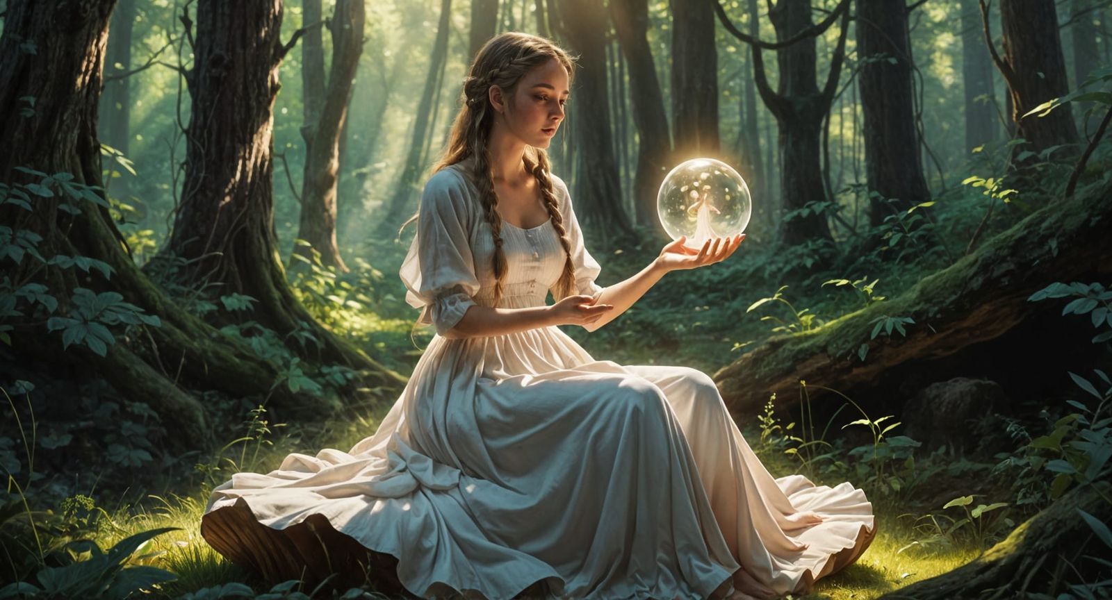 Whimsical Girl with Glowing Orb in Sun-Dappled Forest