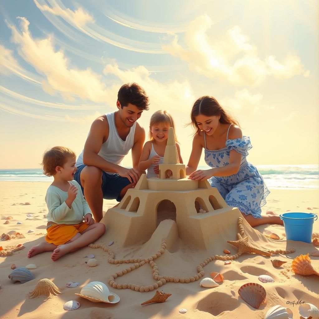 Family Fun: Building Sandcastle in Impressionistic Style