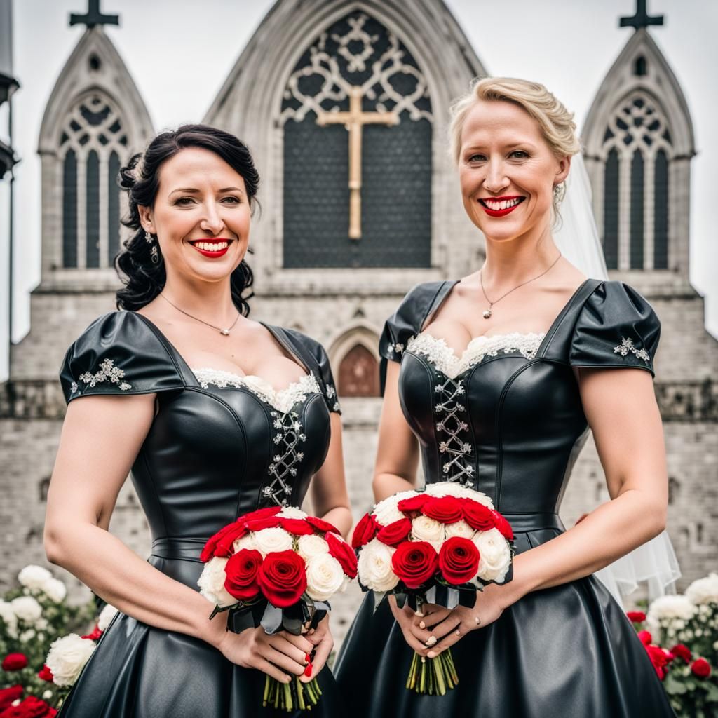 Two brides stand in front of the church smiling. One is blac...