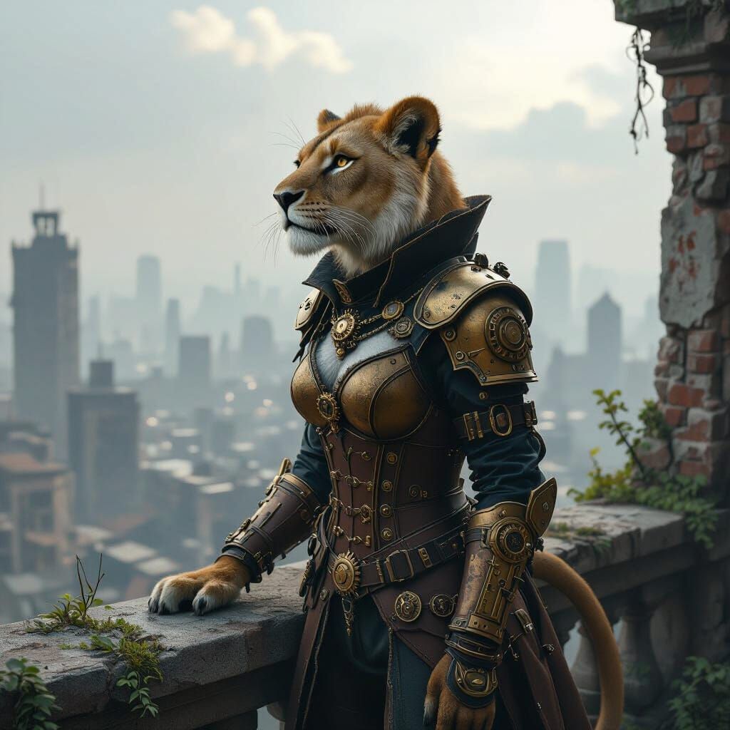 Steampunk Lioness Overlooking Post-Apocalyptic City