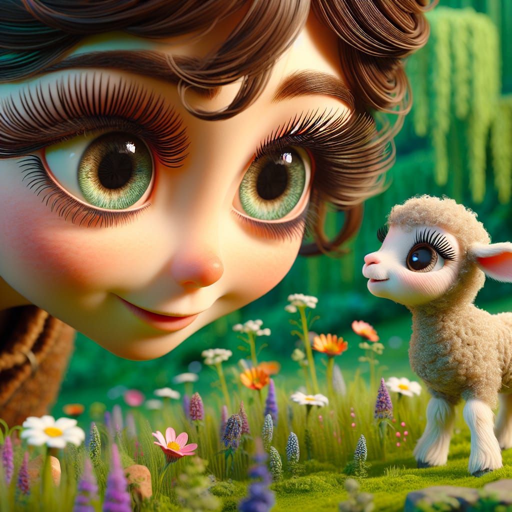 Disney Pixar style 3D scene of an absolutely adorable little girl with big eyes and long eyelashes, sitting in a meadow ...