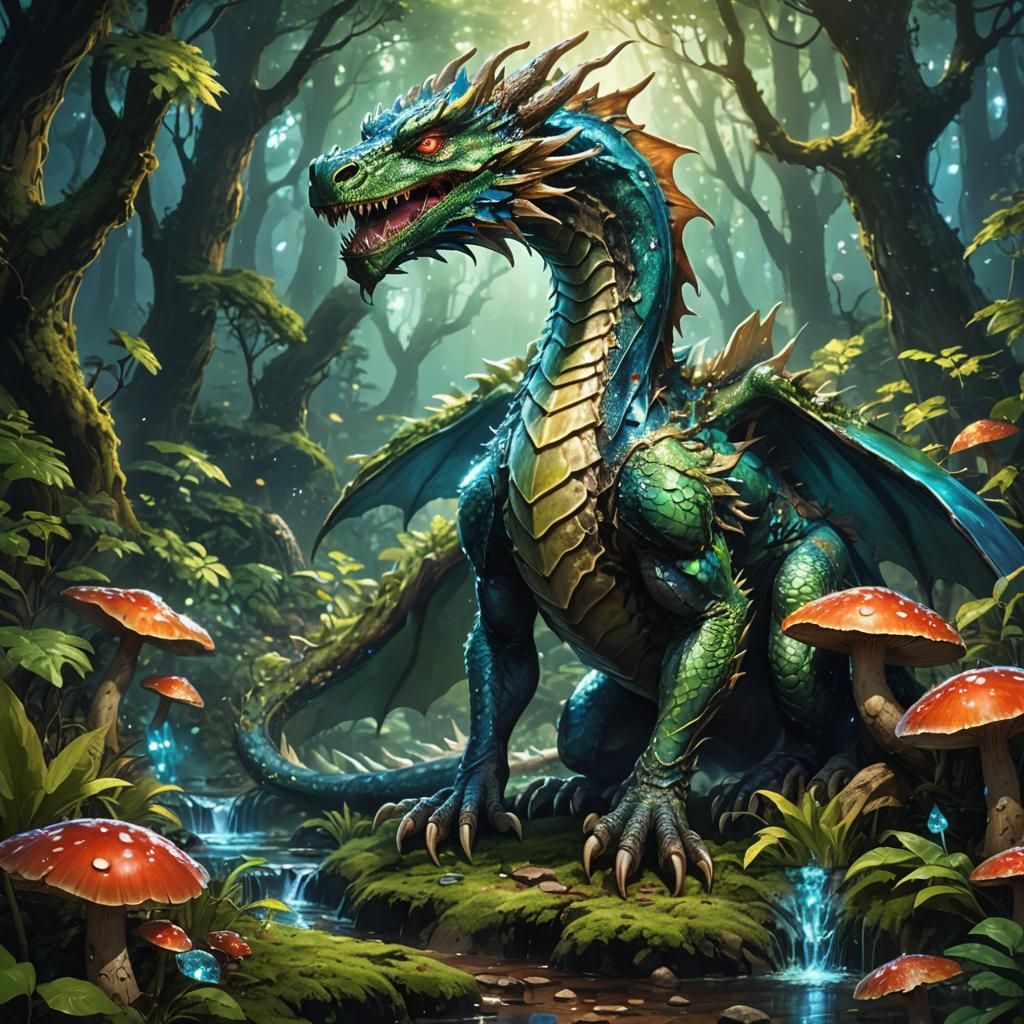 Earthy Dragon in Mystical Forest, Anime Art