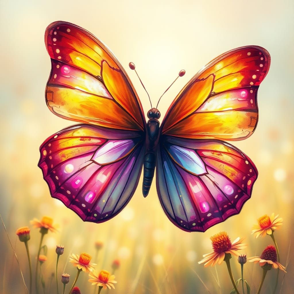 Iridescent Butterfly in Dreamlike Meadow Illustration
