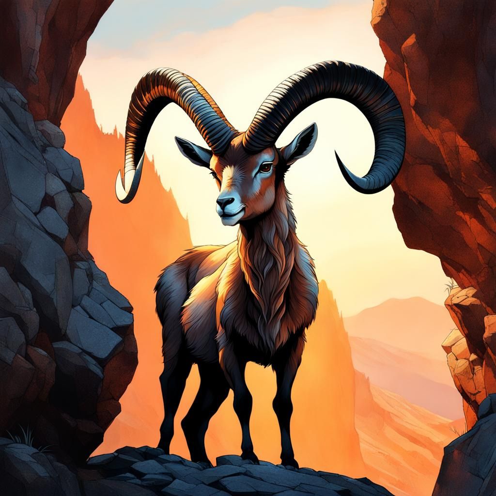 Adorable Ibex on Cliff at Sunset