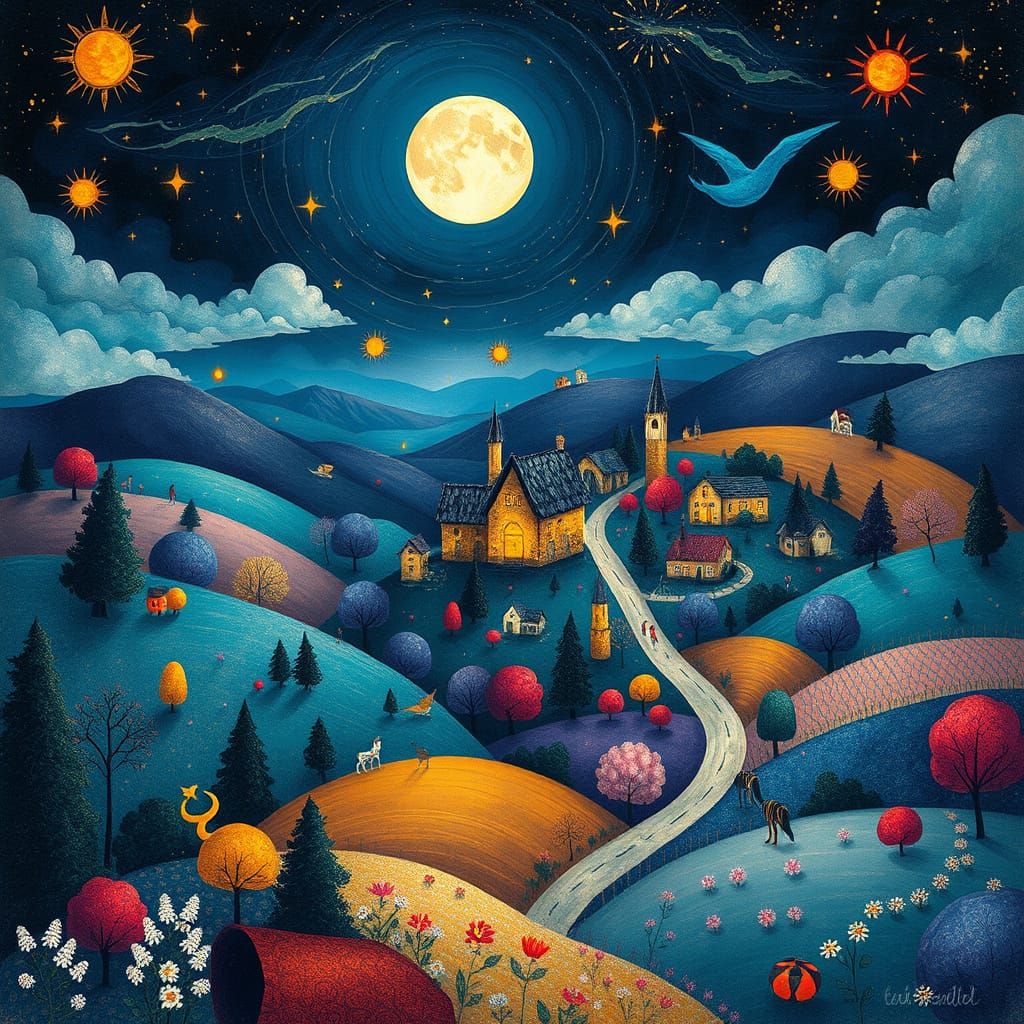 Surreal Village in Enchanted Night Landscape