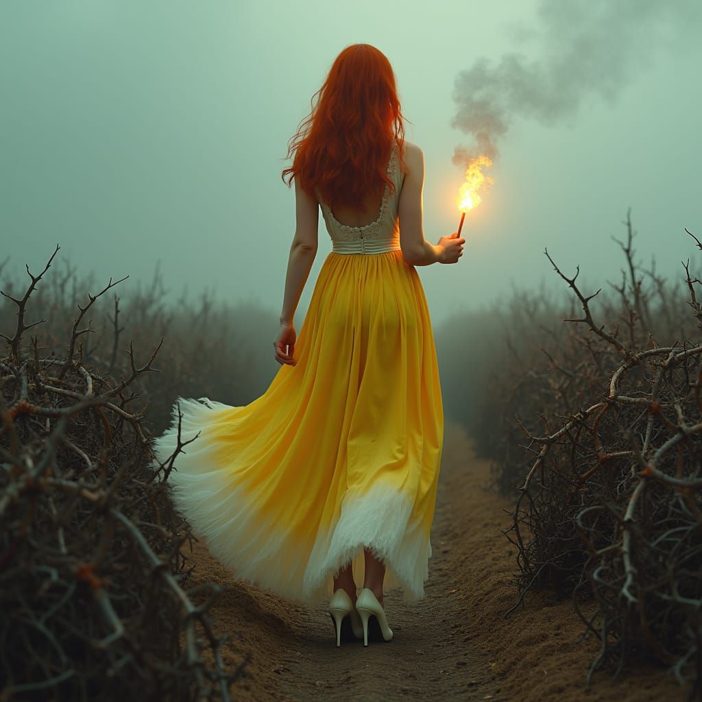 Redheaded Woman with Match in Thorny Field: Digital Matte Pa...