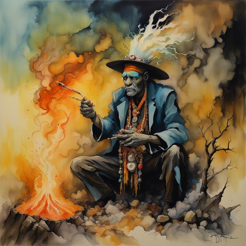 Spell casting Witch doctor, amidst Volcanic Pyroclasm, Alcohol Ink, Sharp Contrast, Tony DiTerlizzi, Anne Bachelier