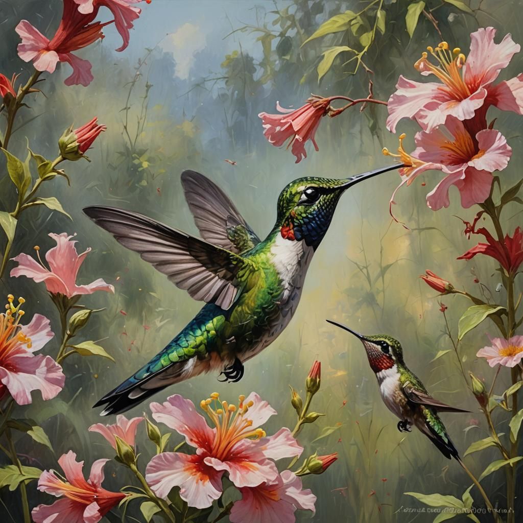 Hummingbird Nectar Extraction as Oil Painting