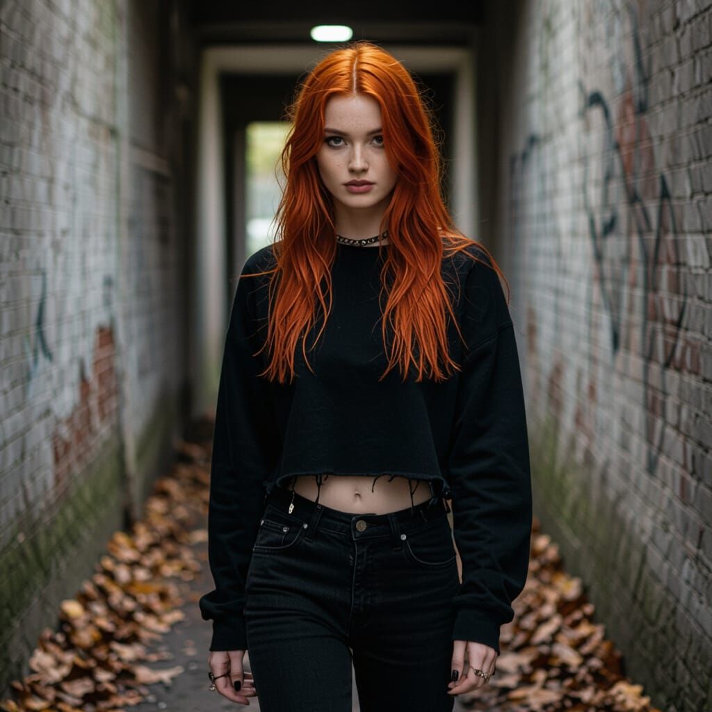 Auburn Haired Girl in Grungy Clothes and Dead Leaves