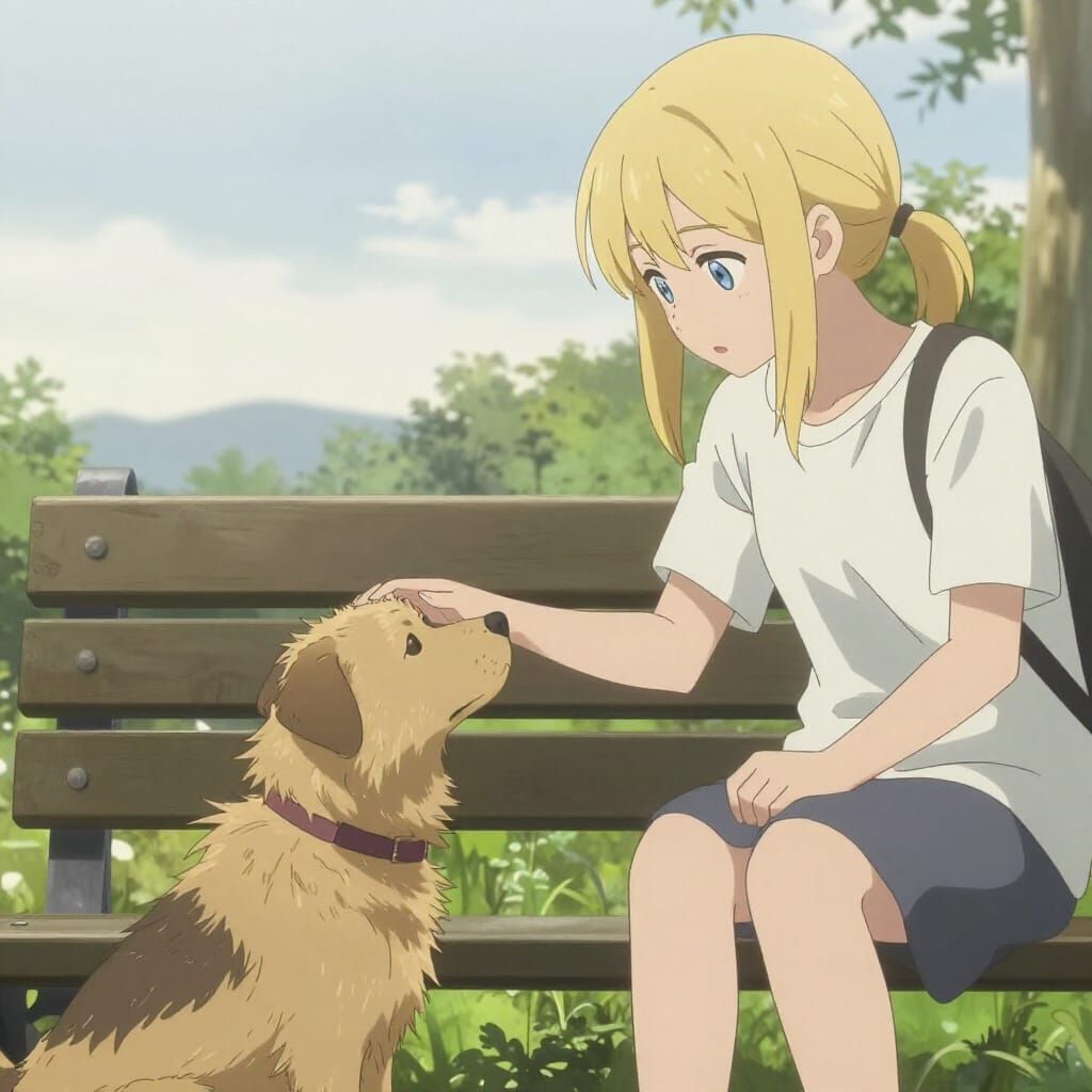 Girl Gently Pets Tentative Stray Dog in Park