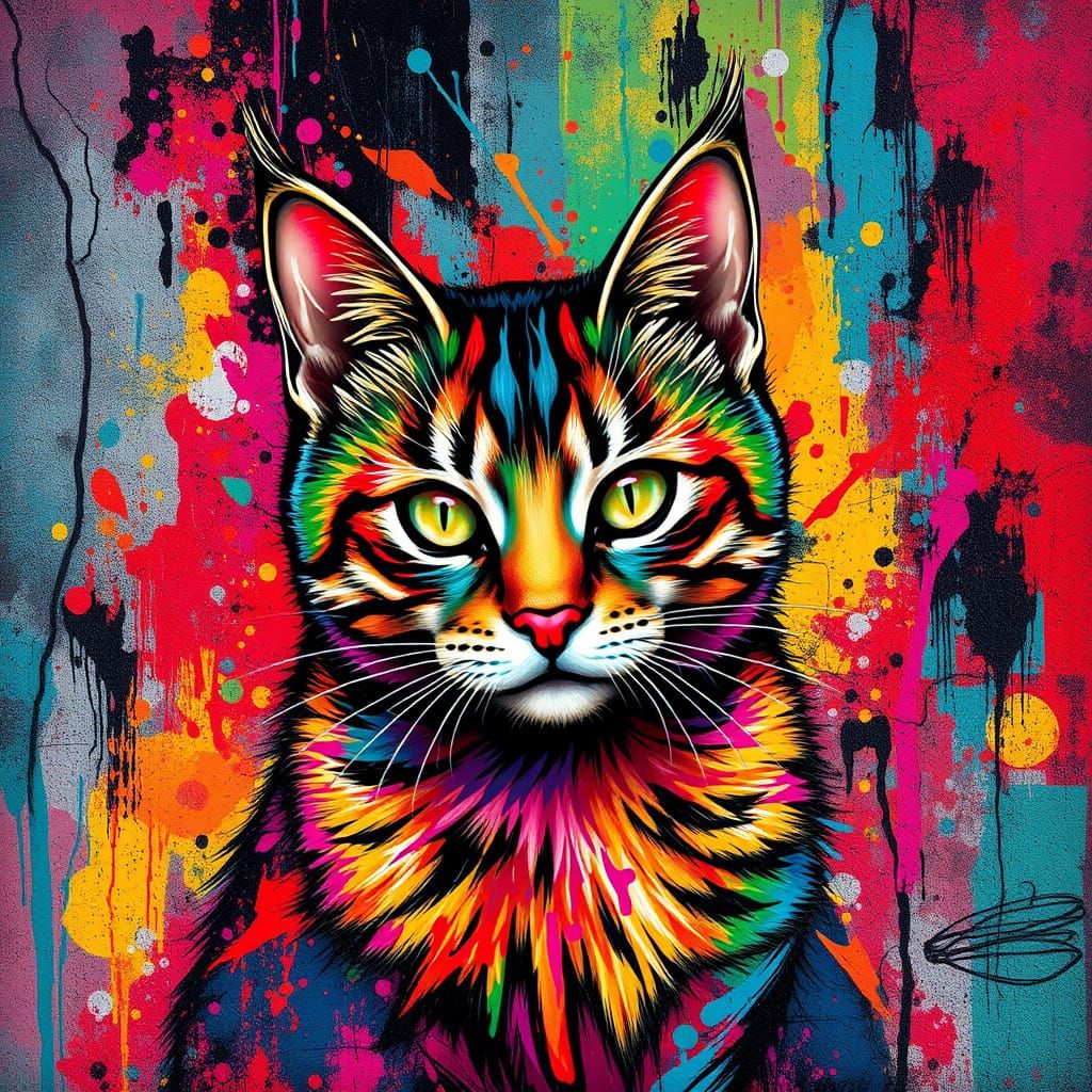 Dazzling Street Art Cat in Vibrant Urban Colors