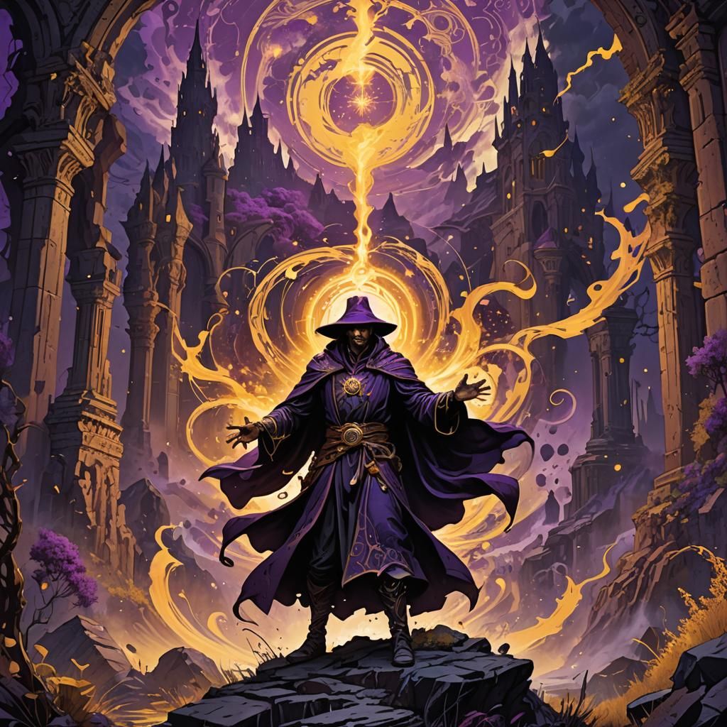 Sorcerer Casting Spell in Art Nouveau Style