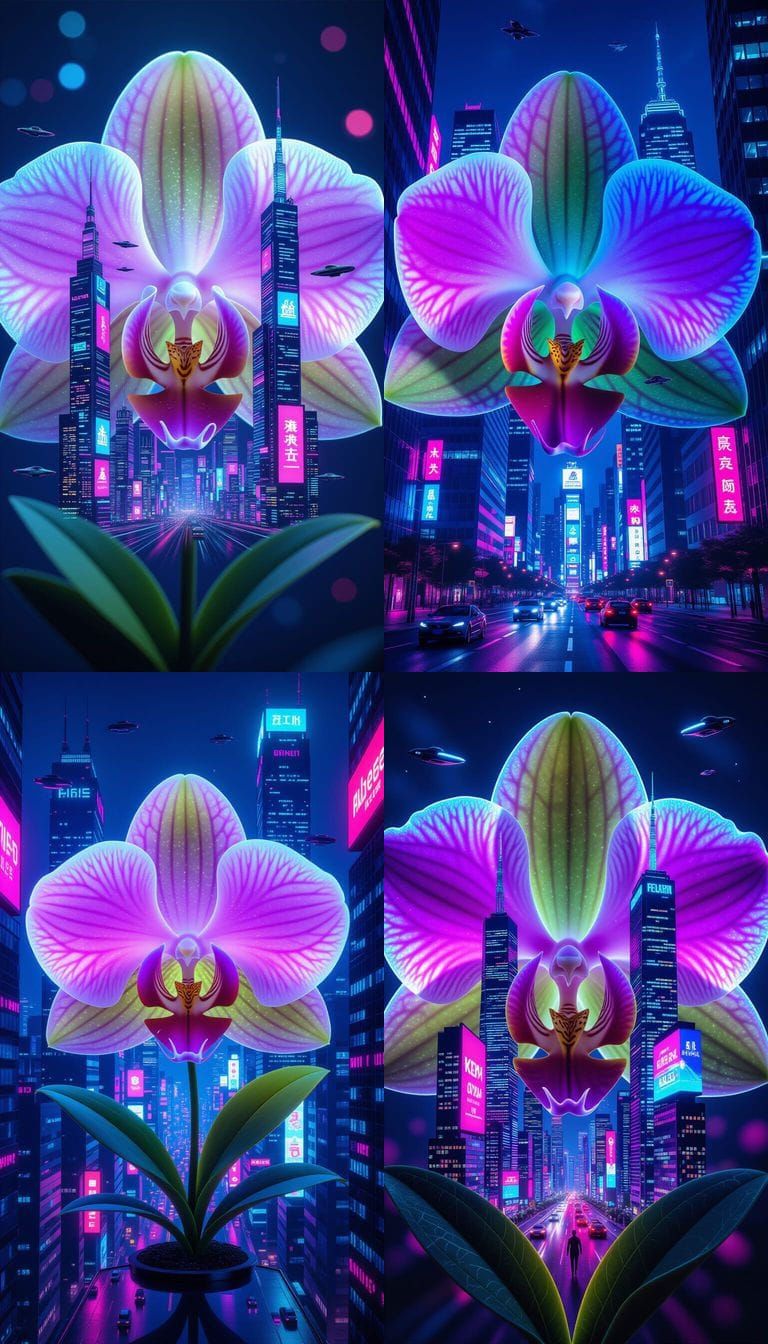 Giant Orchid Frames Neon Cityscape in Surreal Close-Up