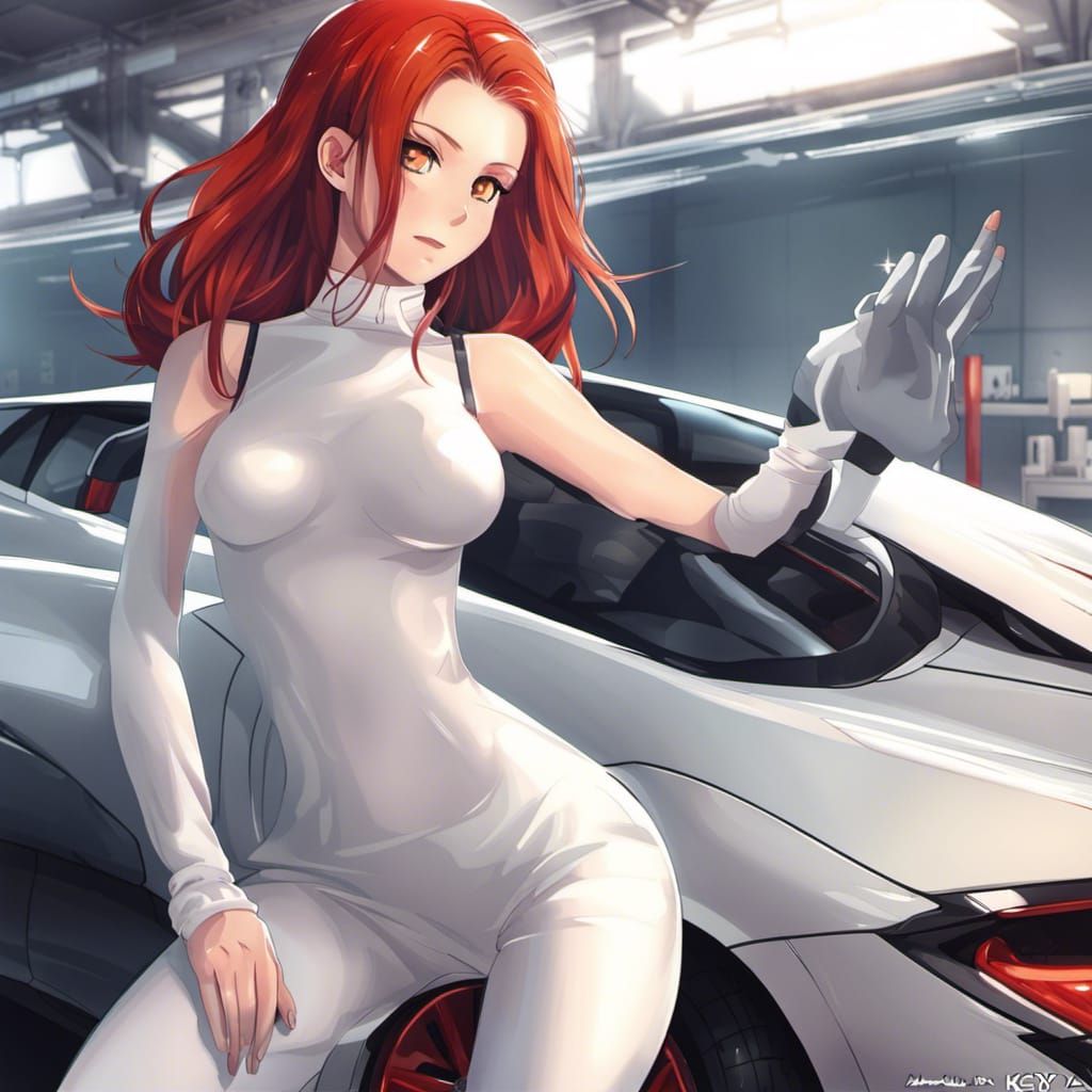 Anime Girl with Red Hair and Supercar
