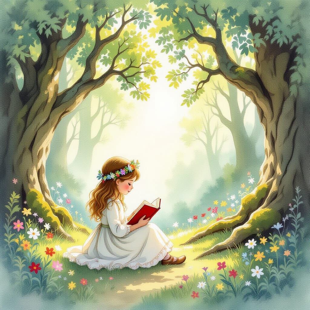 Girl Reading in Sunlit Forest, Watercolor Style