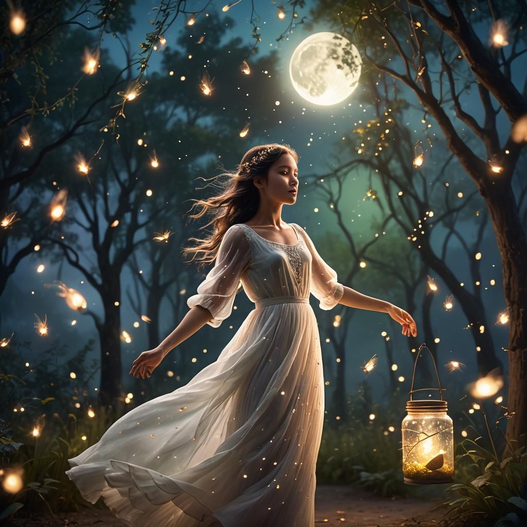 Magical Girl Dancing with Fireflies Under Moonlight
