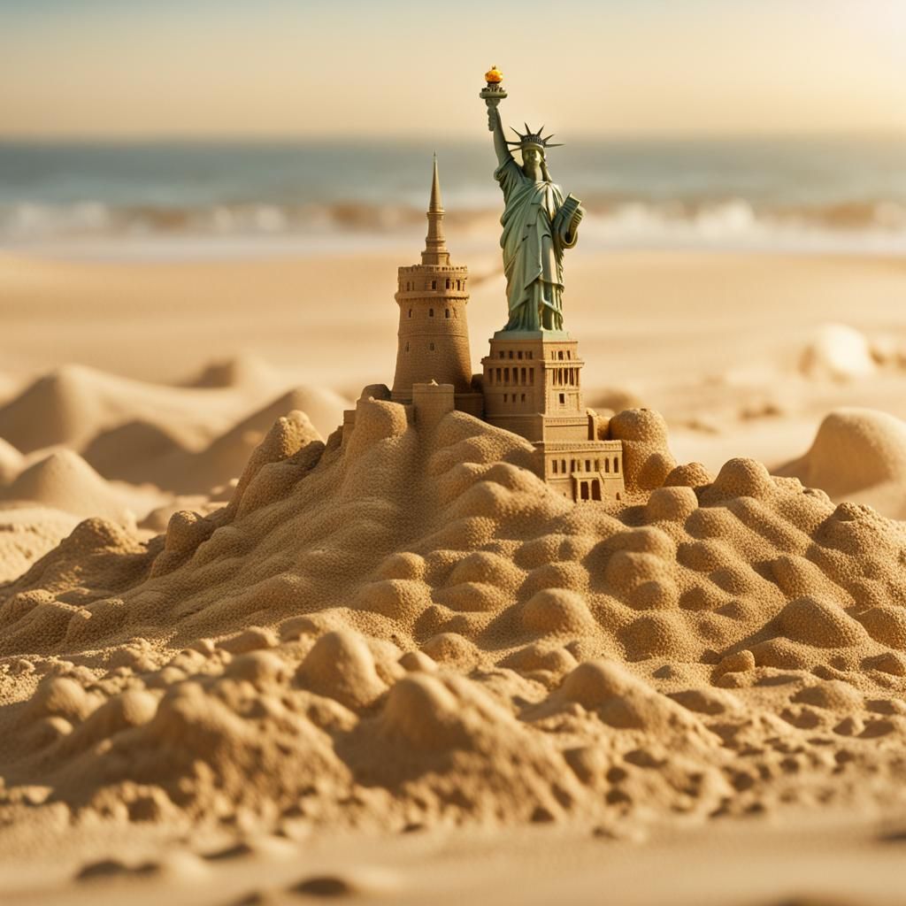 Sand Statue of Liberty on Beach in Sunlight