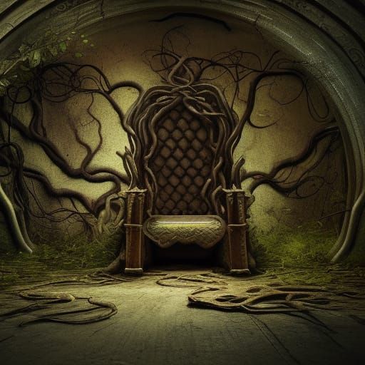 Abandoned Throne Enshrouded by Vines: Fantasy Concept Art