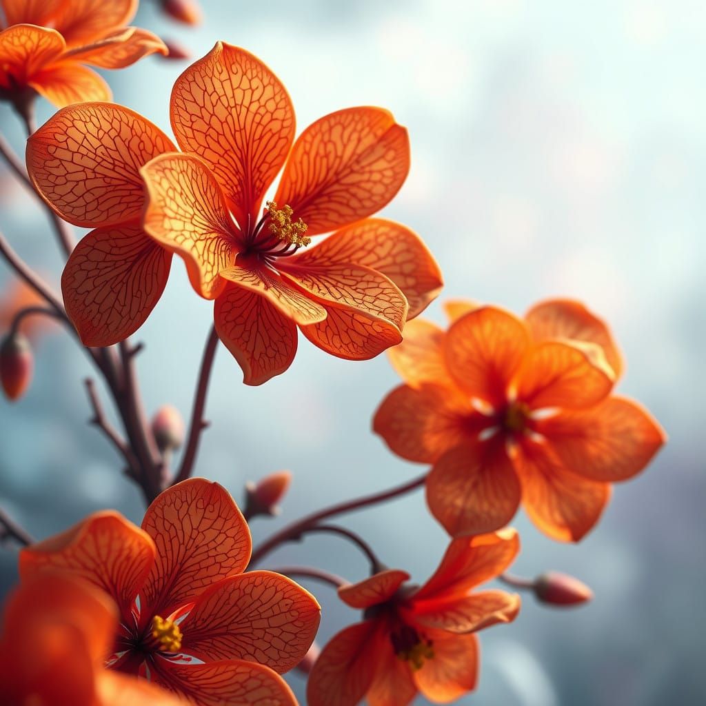 Vibrant Orange Blossoms in Mystical Ethereal Setting