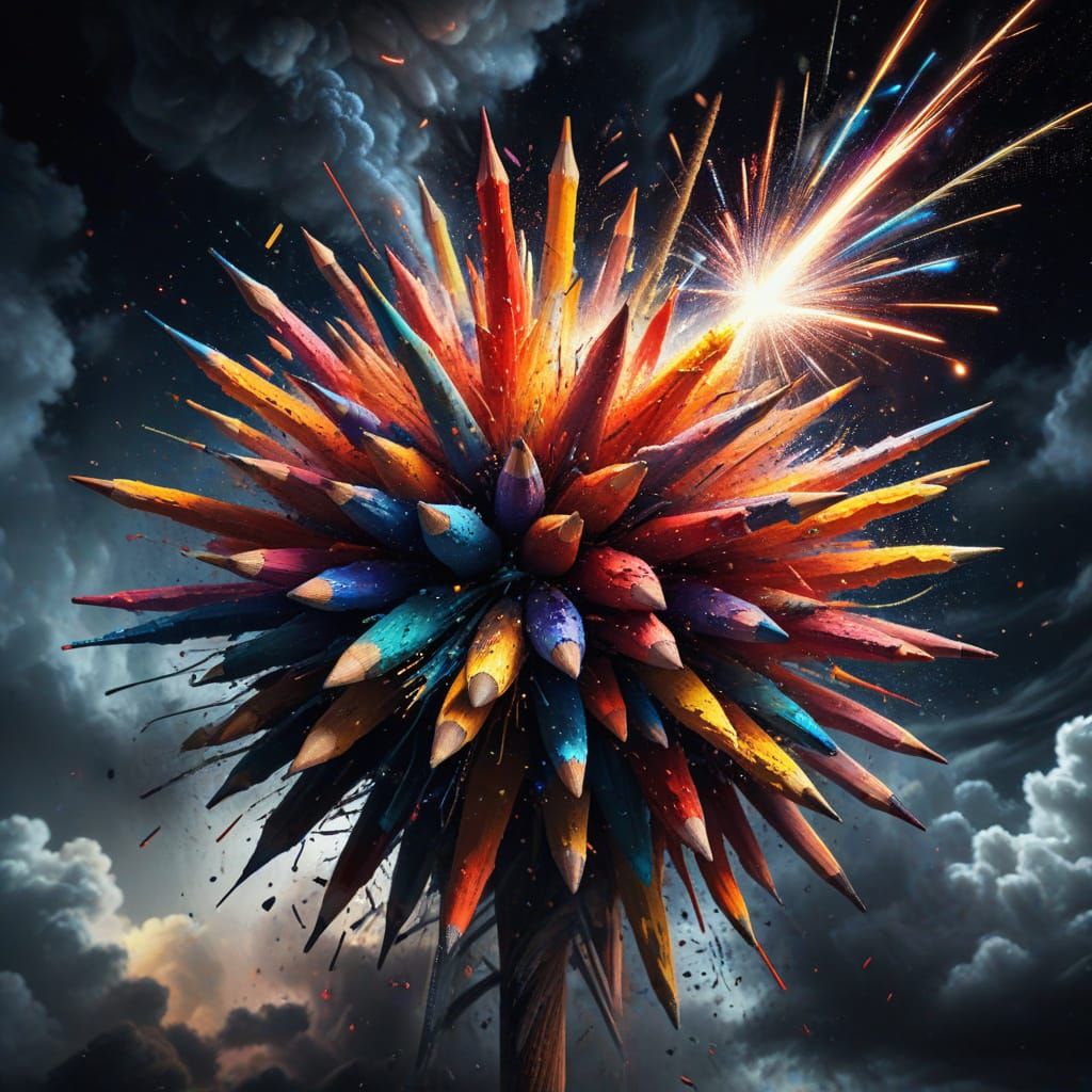 Exploding Pencil Firework in Dramatic Digital Art Style