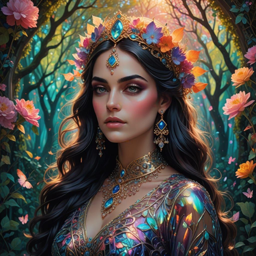 Ethereal Persian Princess in Vibrant, Whimsical Landscape