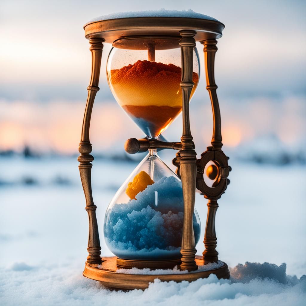 Hourglass Dividing Fire Sunset and Winter Blizzard