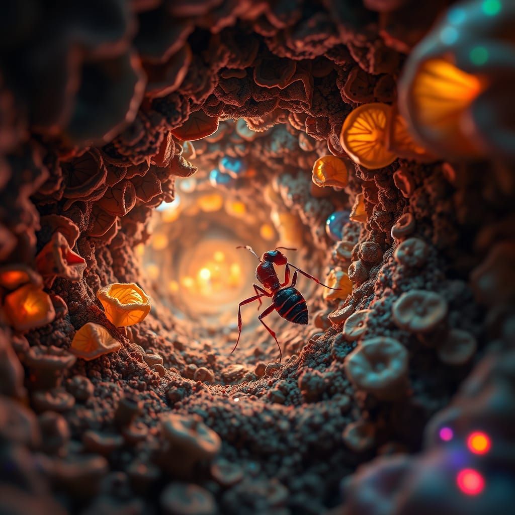 Intricate Ant Hill Ecosystem in Dystopian Futurism Style