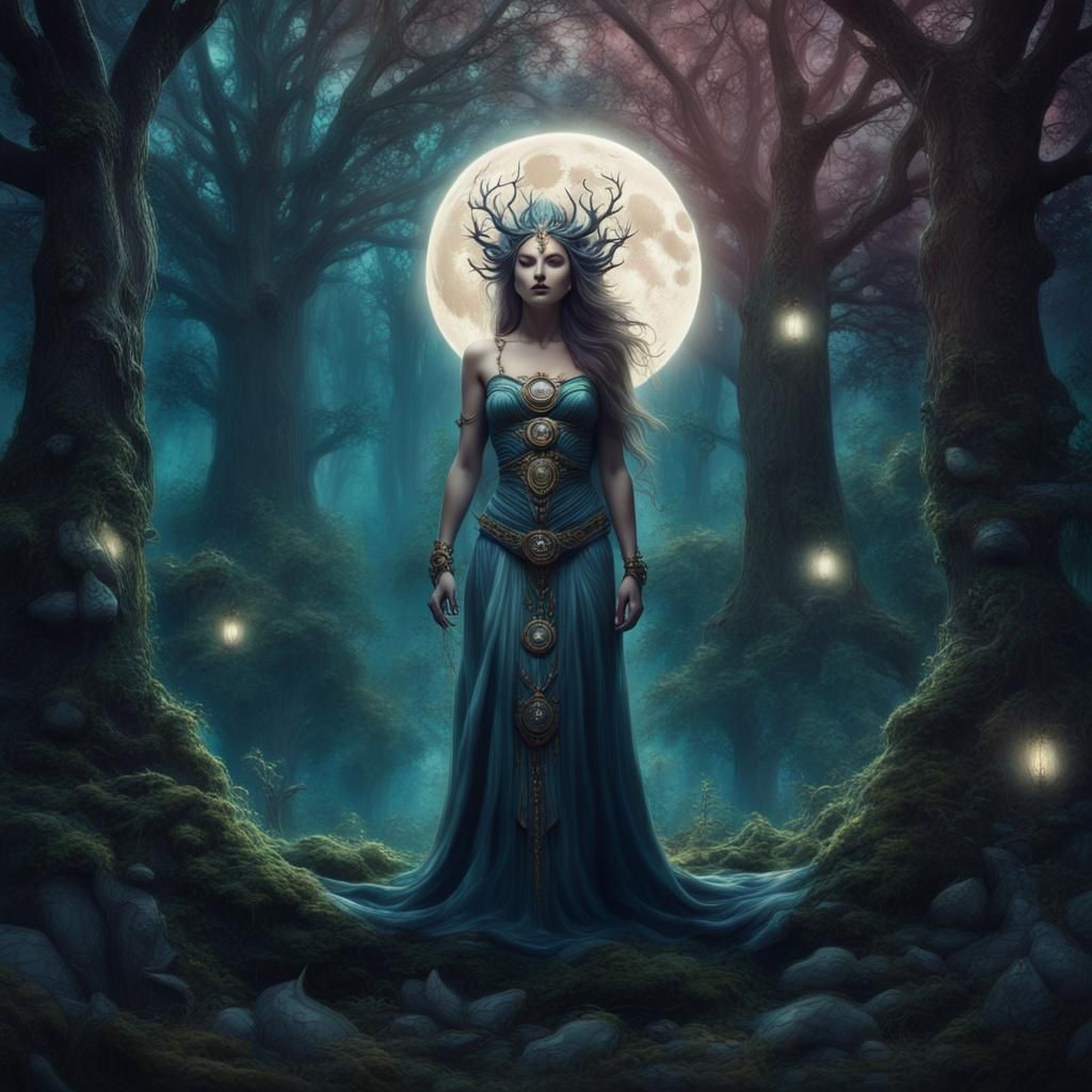 Mystical Moon Goddess in Enchanted Forest