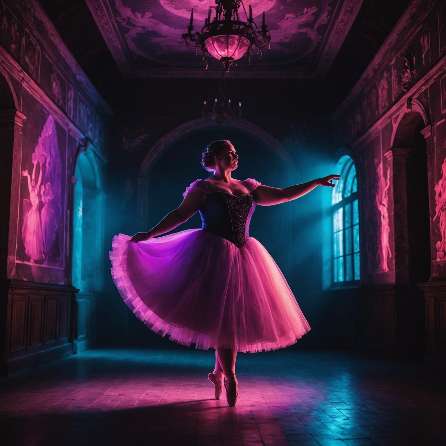 Blacklight Ballerina Dances in Neon Lit Castle