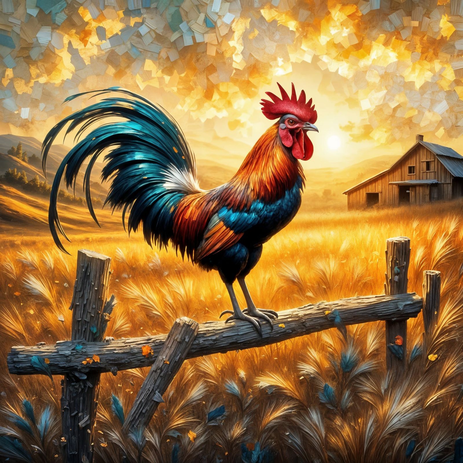 Majestic Rooster on Fence at Dawn, Impressionistic Style