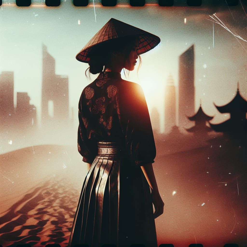 East Asian Girl in Leather Skirt, Cinematic Film Still