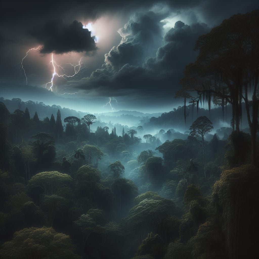 Stormy Night: Lightning over Lush Forest