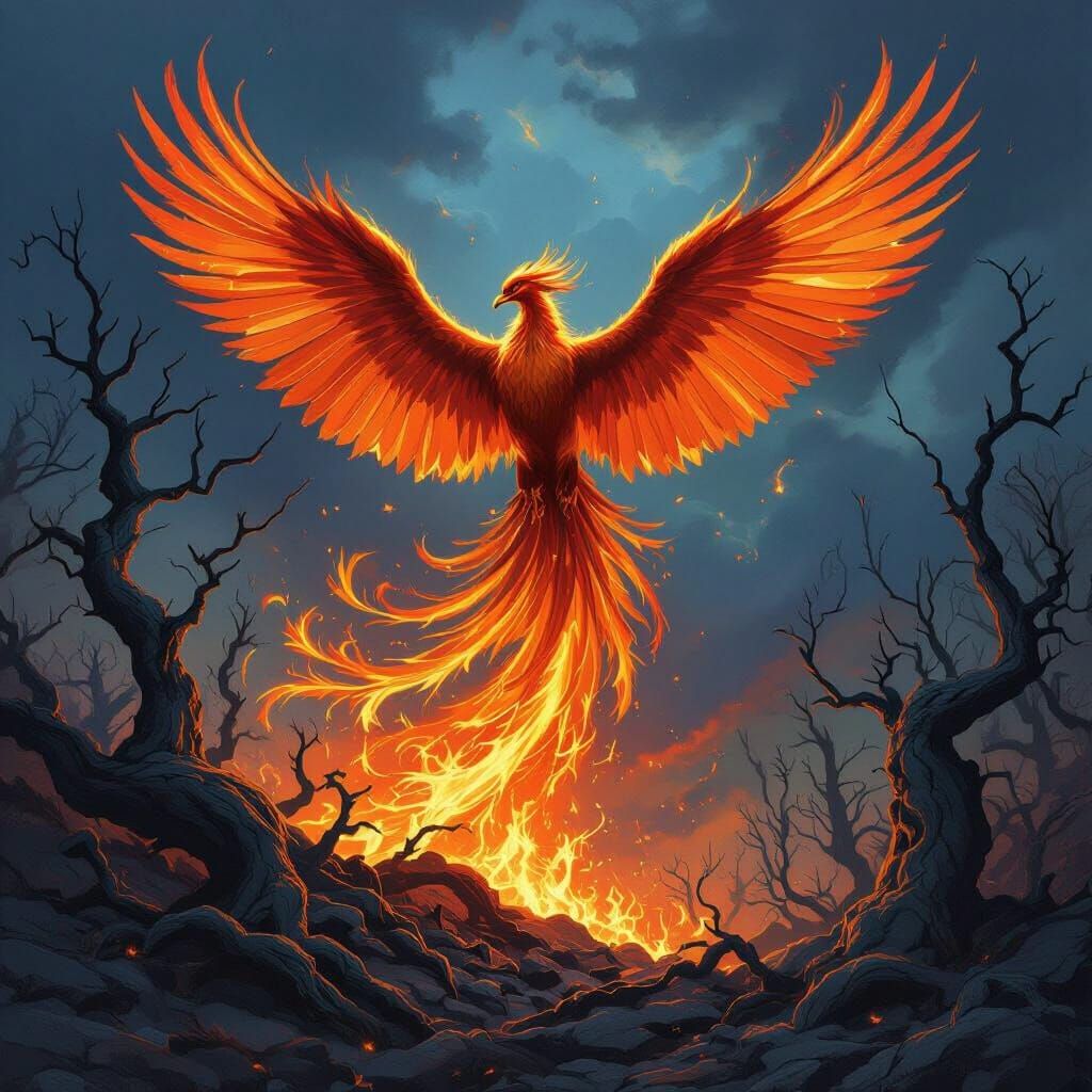 Phoenix Rises from Ashes in Fiery Painterly Style
