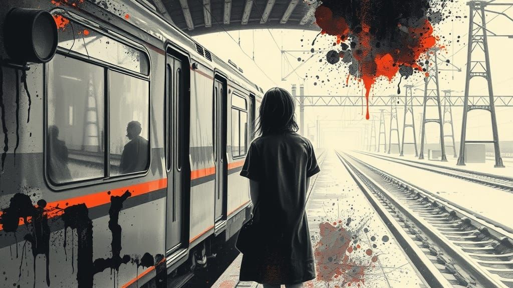 Ink Splatter Art: Woman Watching Train Depart