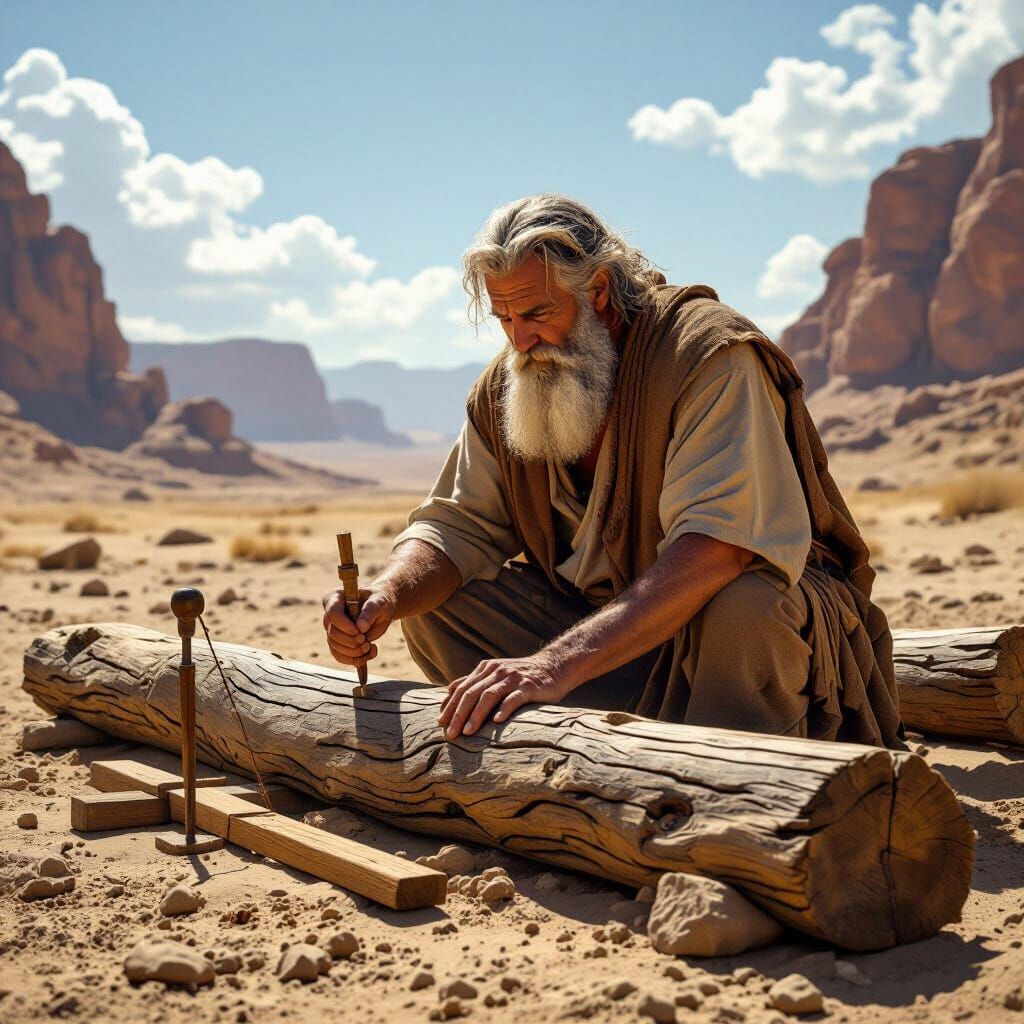 Prophet Noah Measures Wooden Beams for Ark in Desert