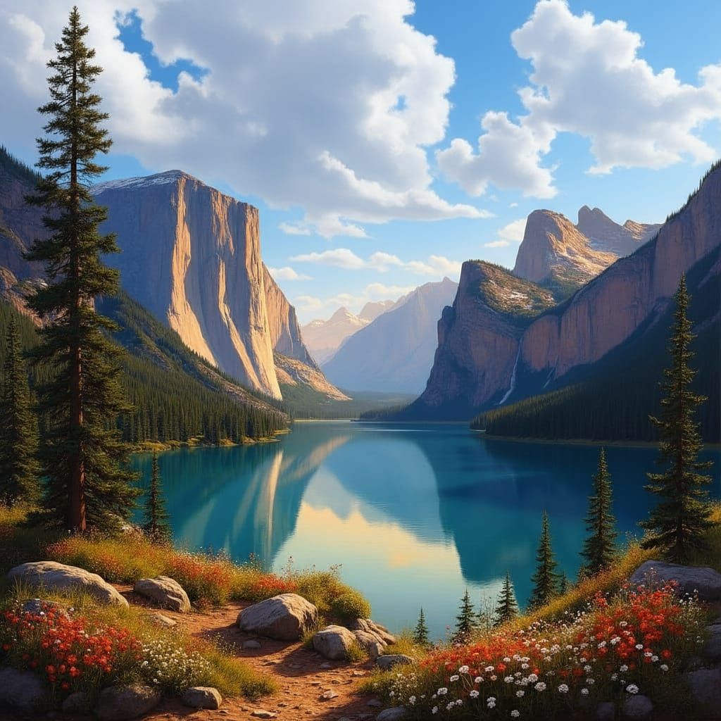Majestic Cliffs Over Crystal Lake in Kinkade Style