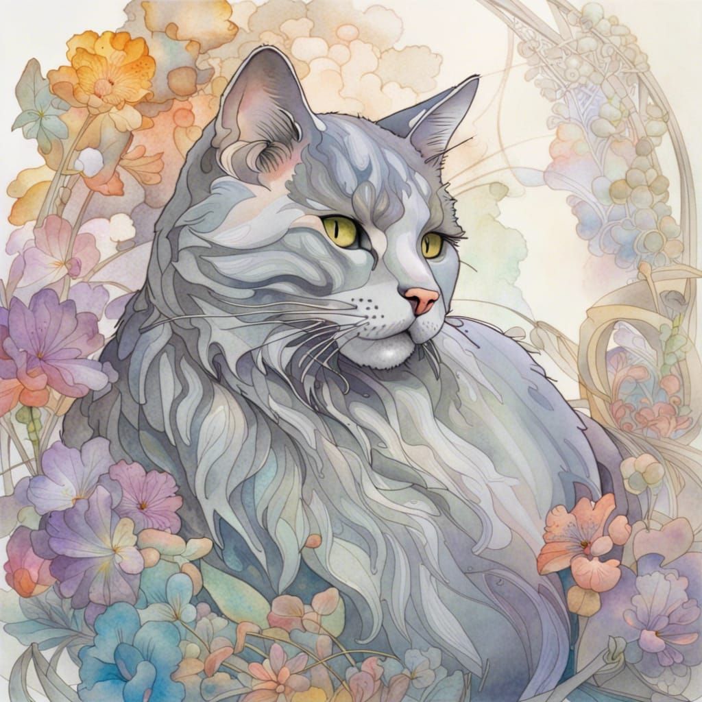 Grey Cat Portrait with Iridescent Flowers in Watercolour