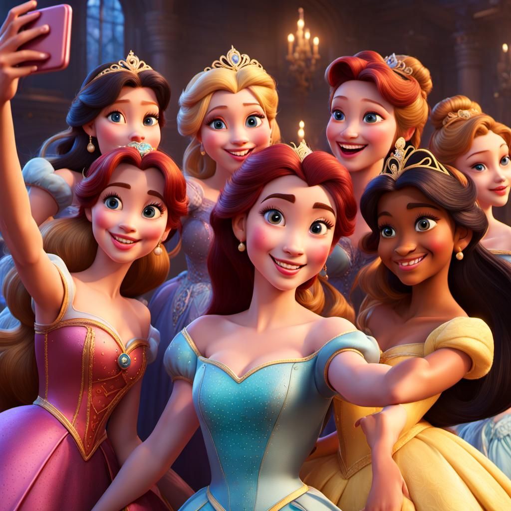 Disney Princesses Group Selfie in Pixar 3D Style