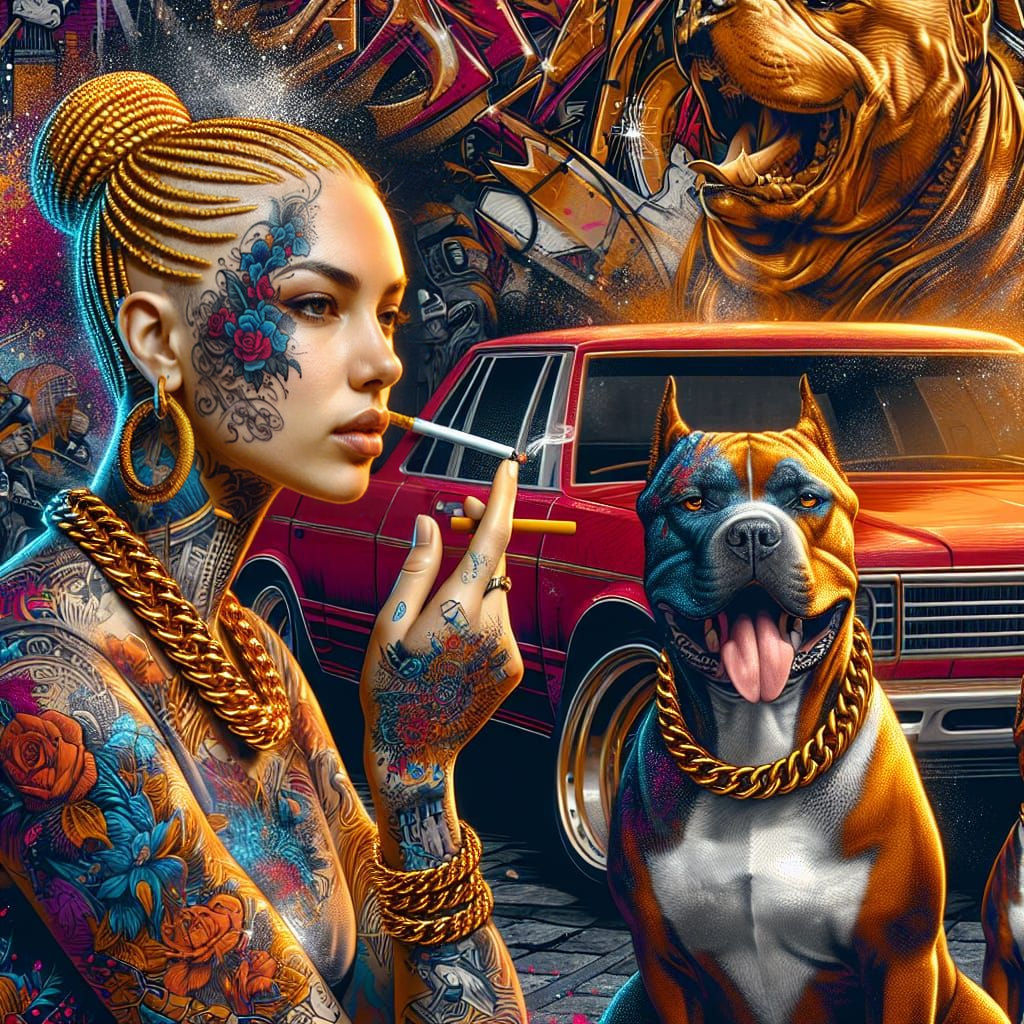 Tattooed Woman with Dogs and Graffiti Art