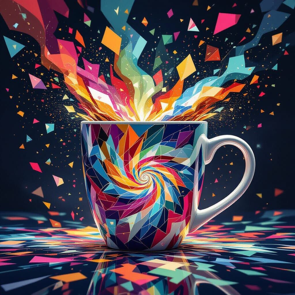 Exploding Coffee Mug: Kaleidoscope of Abstract Colors